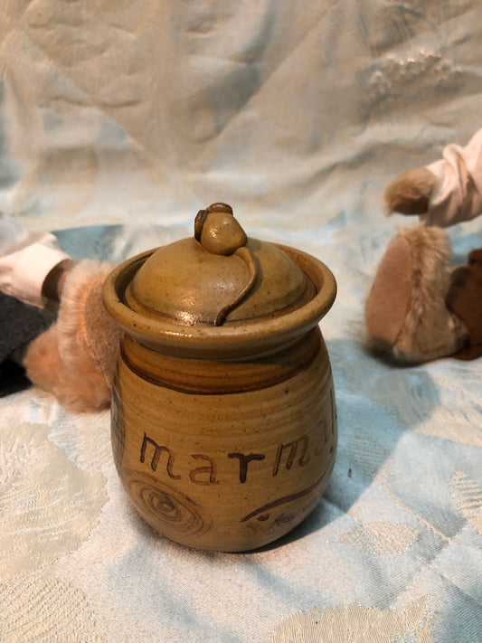 Handmade Studio Pottery Marmalade Pot — Mid 20th Century | Mouse Finial & Incised "Marmalade!" | Very Good