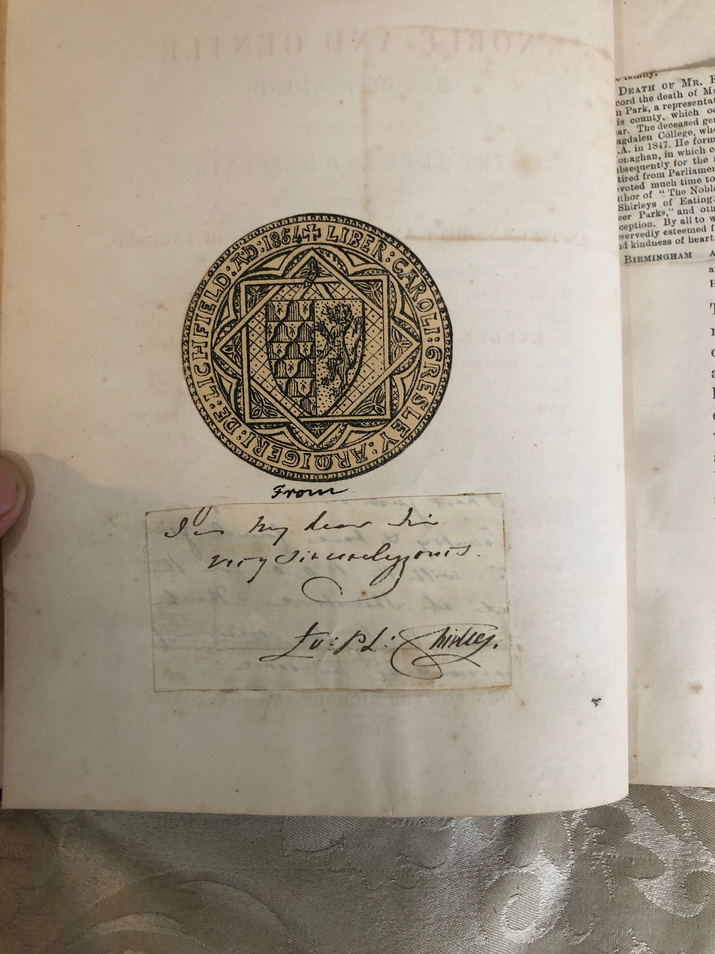 The Noble and Gentle Men of England — Evelyn Philip Shirley | 1859 First Edition | Charles Gresley of Lichfield's Copy | Armorial Bookplate