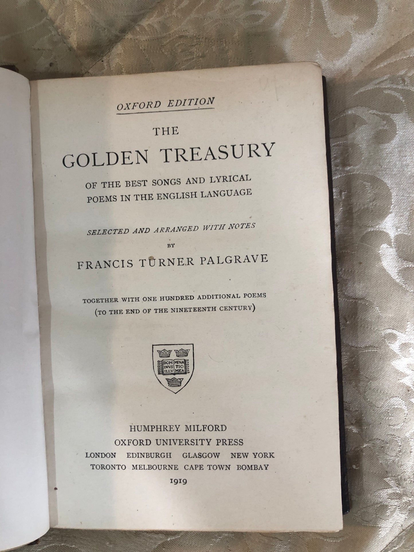 The Golden Treasury — Palgrave | Oxford Edition 1919 | Uppingham School Prize Binding | Awarded to R. Gresley, 1921 | Full Morocco