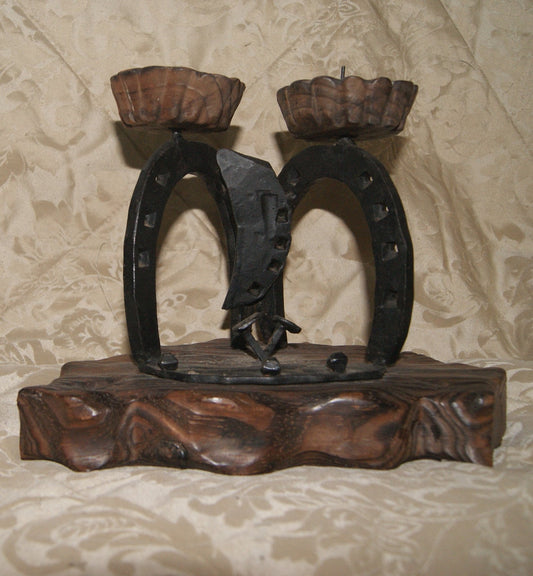 Vintage Horseshoe Pricket Candlestick | Wrought Iron on Carved Pine | Mid-Century Rustic