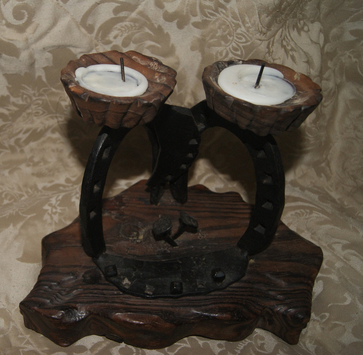Vintage Horseshoe Pricket Candlestick | Wrought Iron on Carved Pine | Mid-Century Rustic — view 2