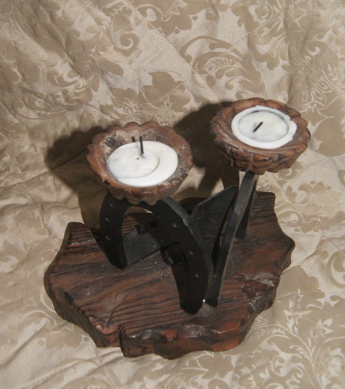Vintage Horseshoe Pricket Candlestick | Wrought Iron on Carved Pine | Mid-Century Rustic — view 3